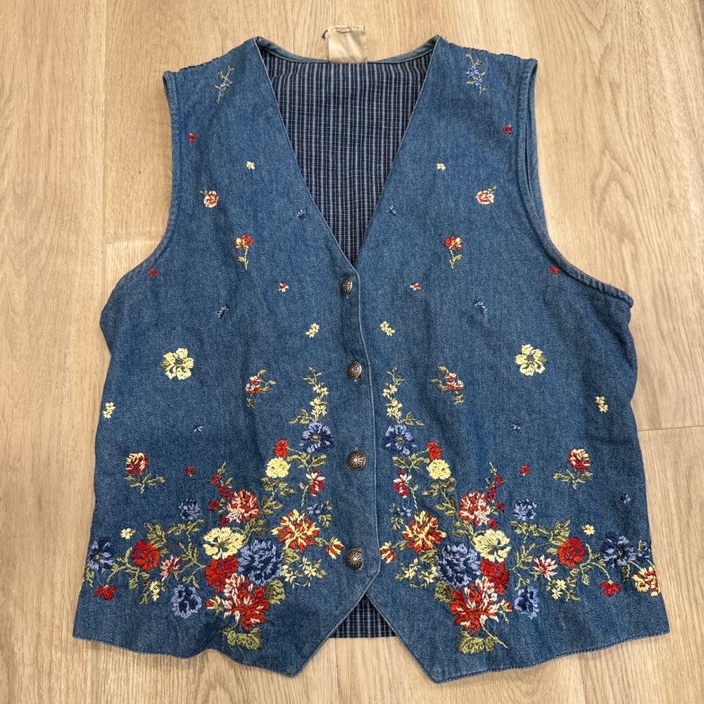 Vintage Koret City Blues Floral Embroidered Denim Vest Approx. Petite Medium